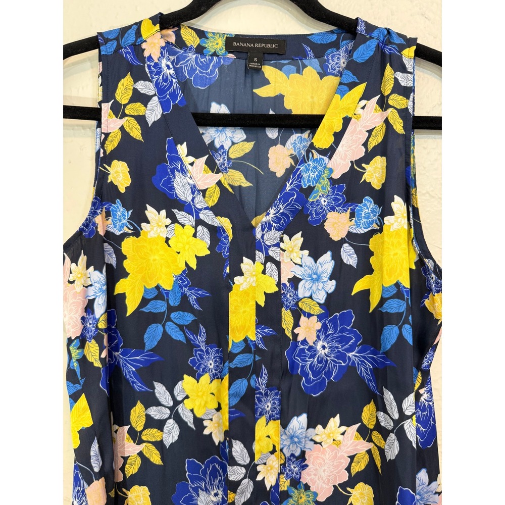 Banana Republic Women Blue Yellow Floral V-Neck Sleeveless Blouse Top Small
